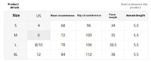The product details table for paisley print knot shorts high displays size measurements in US with corresponding waist, hip, pant length, and inseam dimensions for the high waist fake two-piece skirt.
