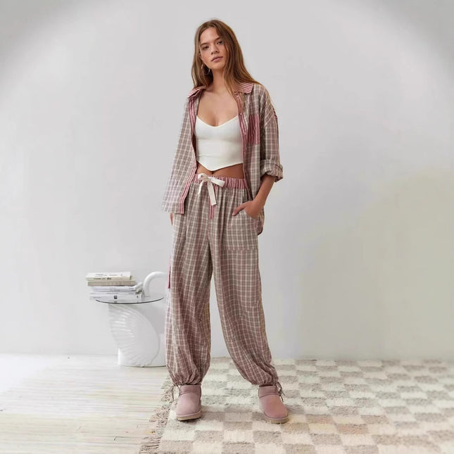 Women's Dressing Gown Plaid Shirt Outfit - Royalessencelux