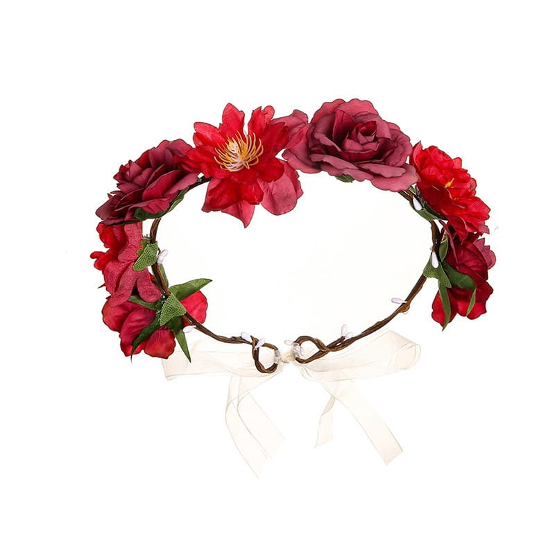 A delicate fabric colorful rose flower garland hair accessory featuring vibrant red and deep burgundy artificial fabric colorful roses accented with green leaves and tied with a soft white ribbon.