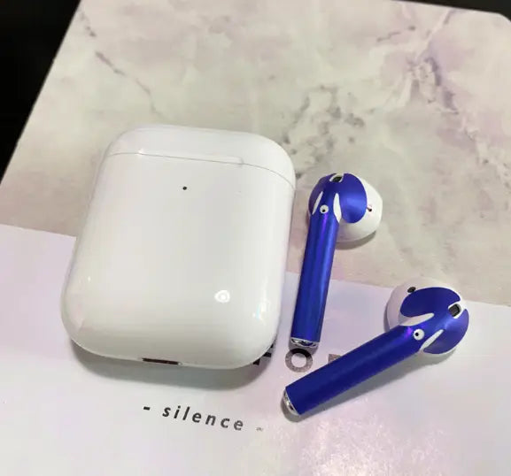 Blue and white Apple AirPods 2 with a glossy custom sticker skin and matching charging case featuring a sleek design.