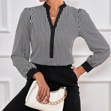 Ladies' New Striped V-neck Cuff Collar Color Block Splicing Fashion Shirt - Royalessencelux