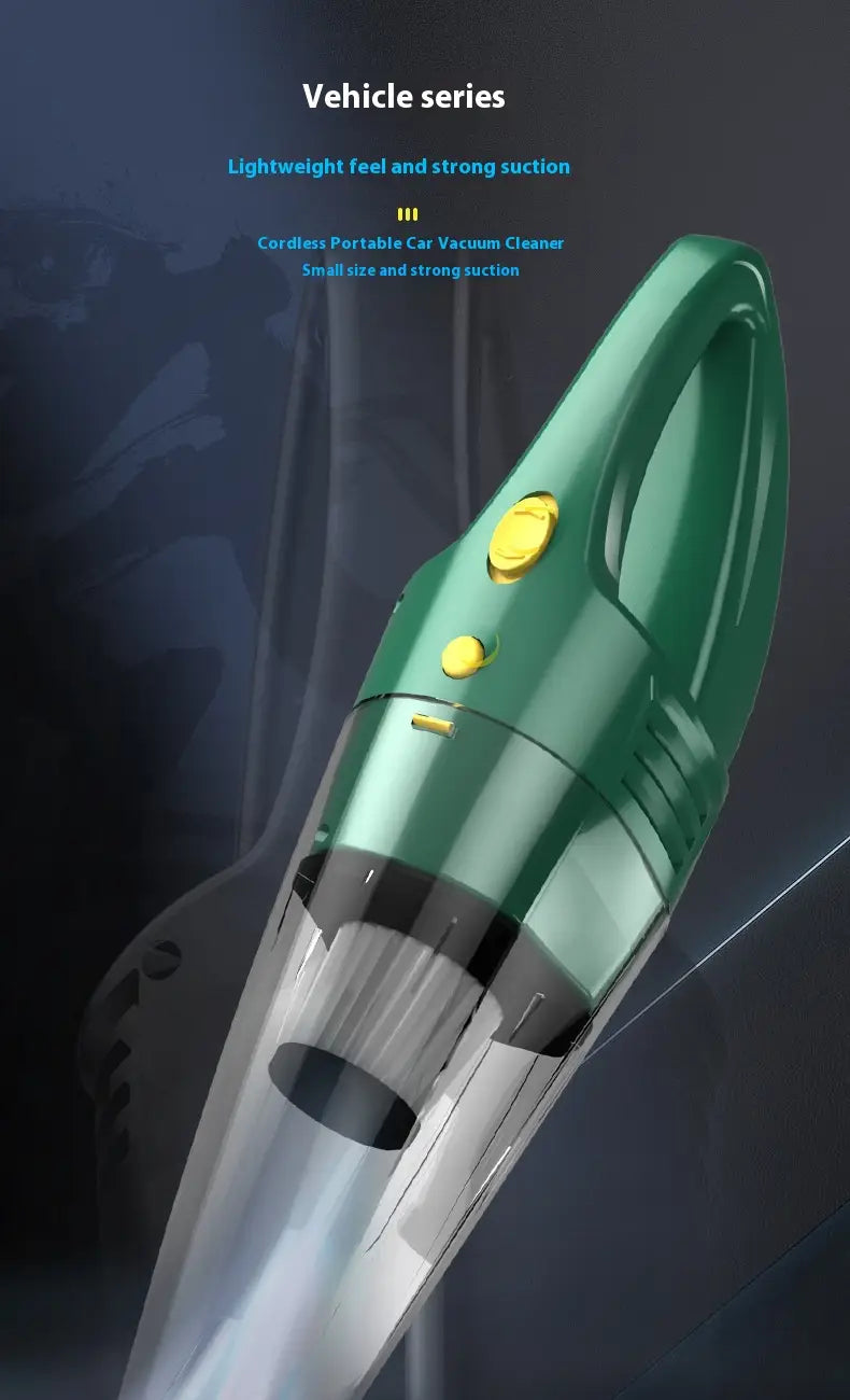 green and transparent small wireless car vacuum cleaner with yellow buttons and hose for household use