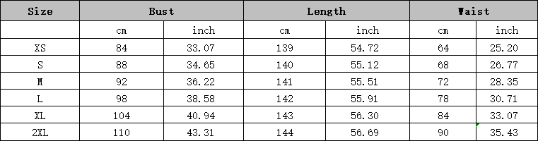 Size chart for a vibrant strapless floral print maxi dress showing measurements in centimeters and inches across sizes XS through 2XL.