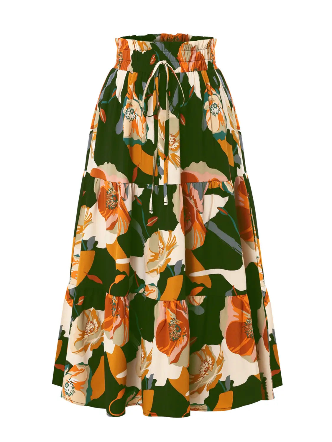 a cream tiered pleated floral print midi skirt featuring vibrant orange cream and deep green hues with a floral print elastic drawstring waistband