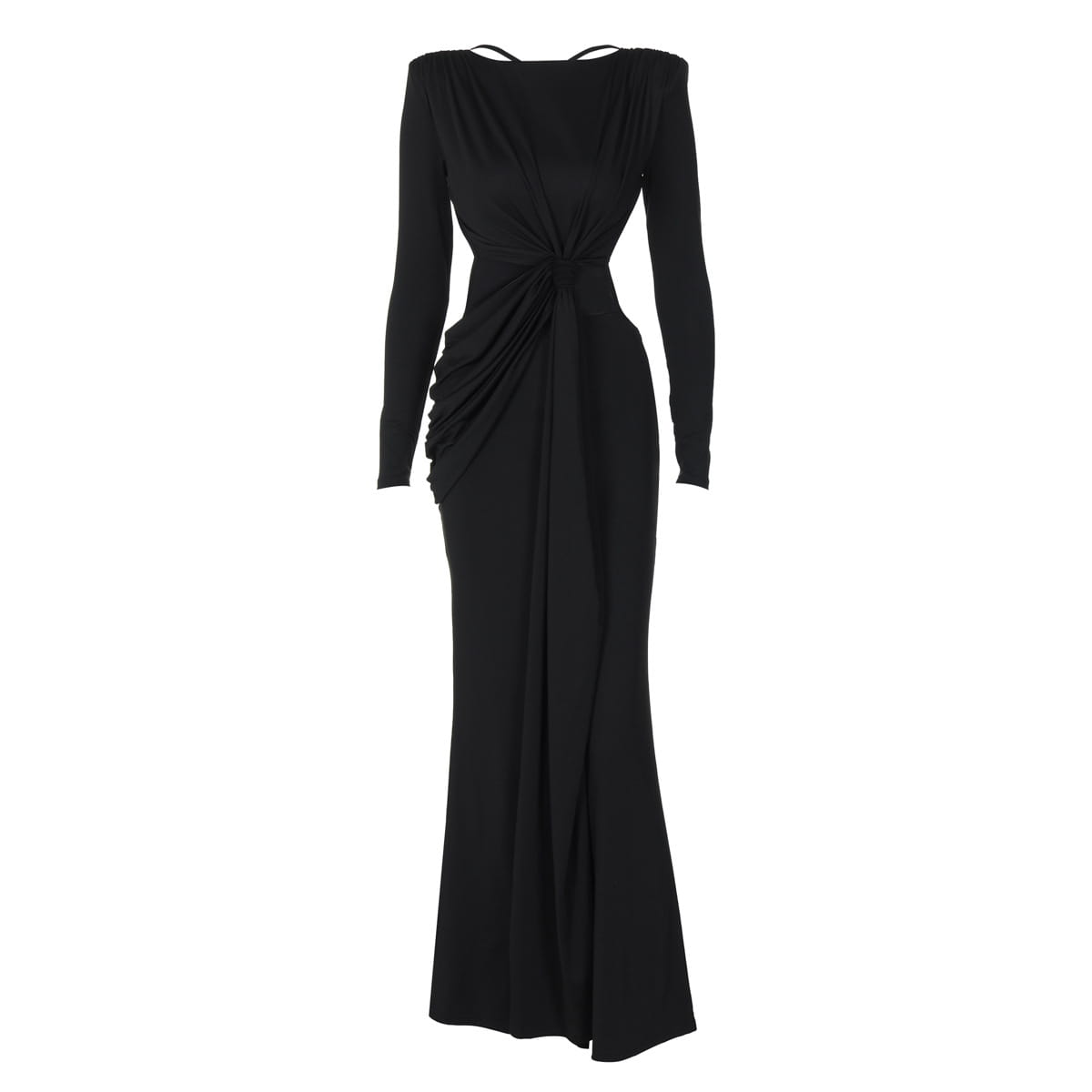 Black off-the-shoulder long sleeve dress with a draped front knot design, embodying a sexy hot girl style perfect for elegant evening events.