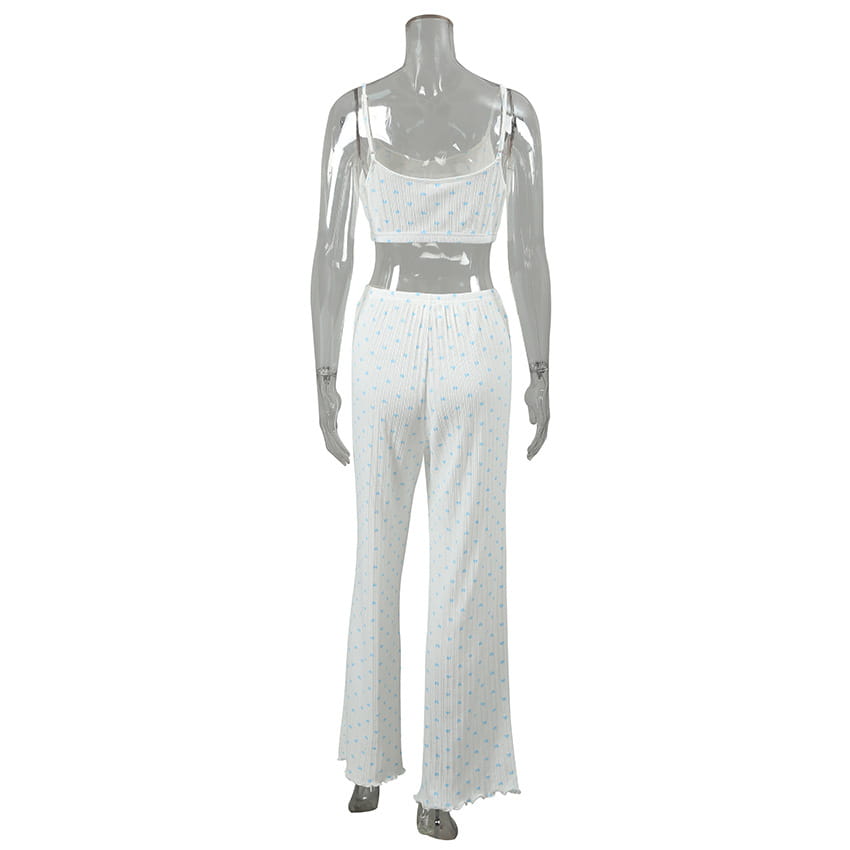 white polka-dot knitted heart printing ribbed loungewear set with a cropped top and flared pants featuring delicate blue dots on lightweight fabric for heart printing comfortable wear
