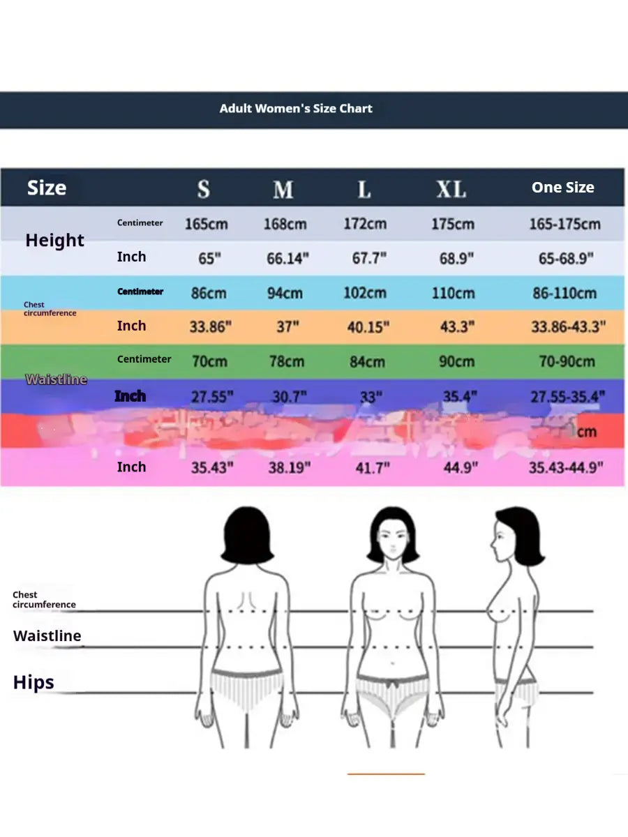 Adult women’s size chart with height chest waist and hip measurements in centimeters and inches for sizes s to xl plus one size for halloween women’s cleopatra role-playing party clothes.