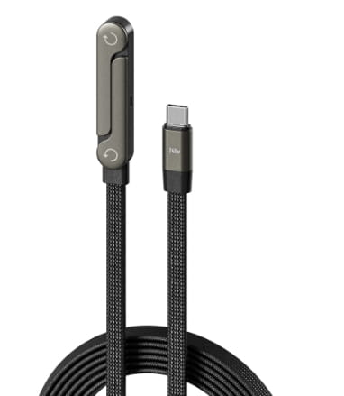 Black braided usb-c fast charging data cable with sleek metallic connector housing featuring two circular power symbols for phone tablet stand use.