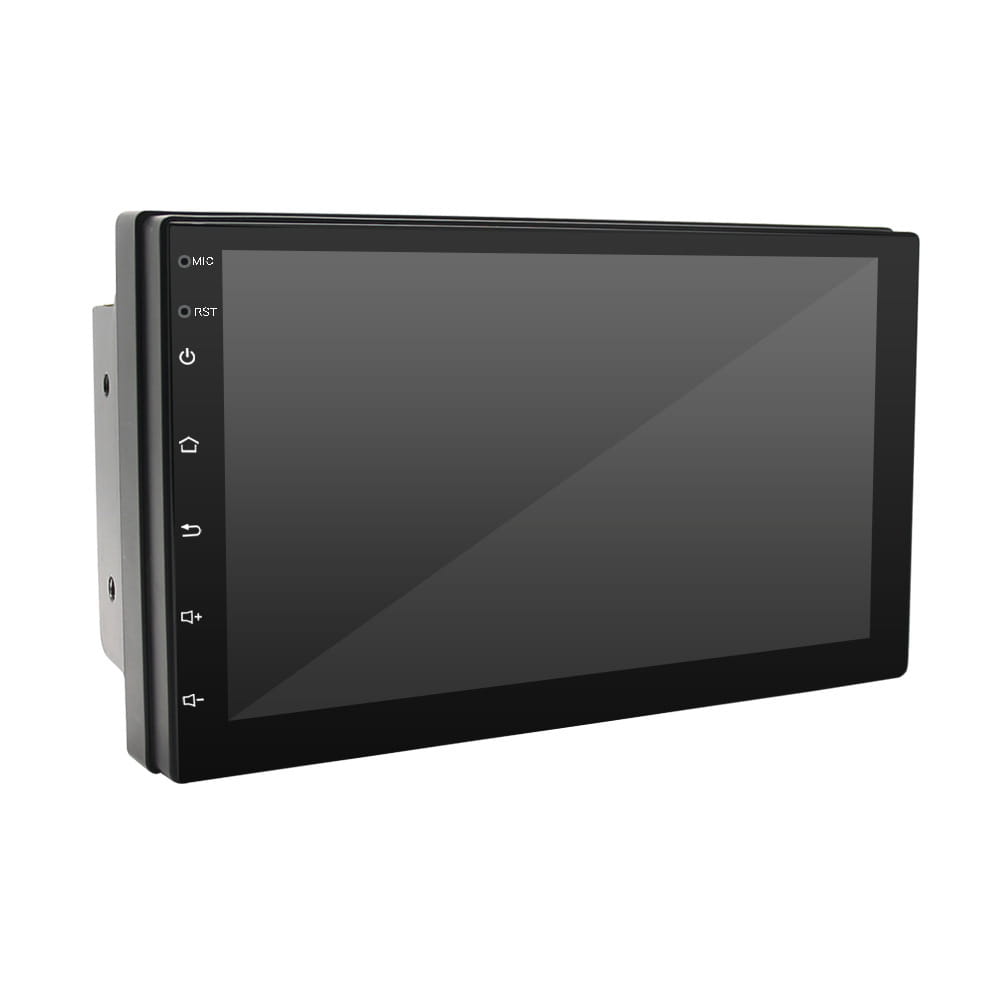 Black 2din car stereo with touchscreen display and physical buttons on the left side featured as a navigation integrated radio for universal carplay MP5 use.