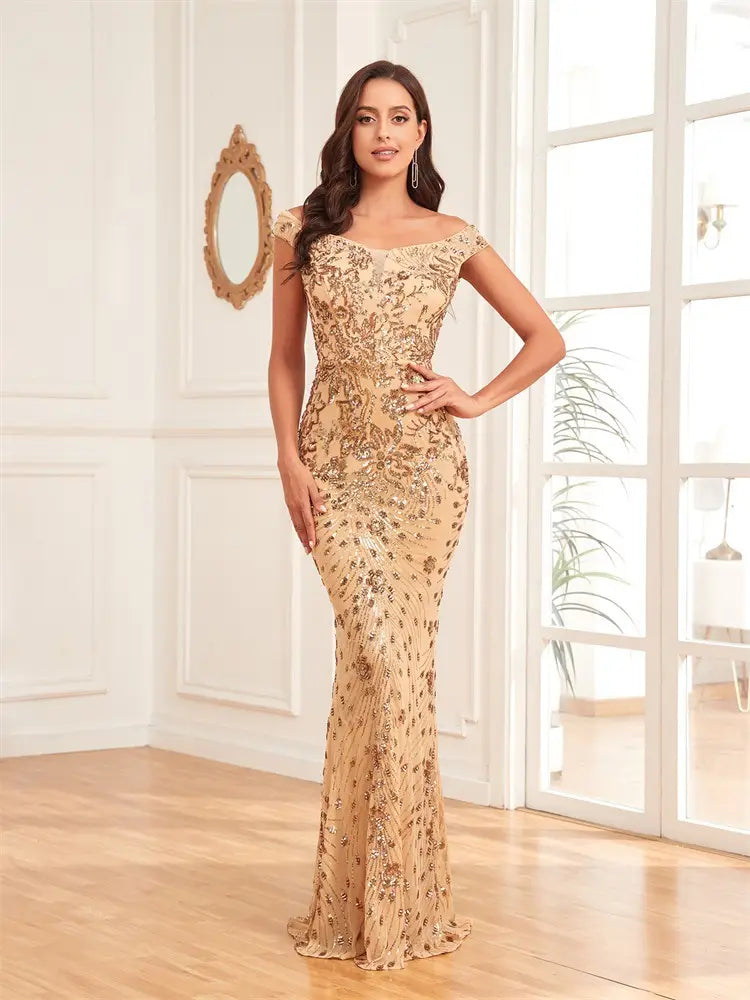 a shimmering gold sequined mermaid gown with an off-the-shoulder neckline and intricate floral embroidery showcasing a high waist design in a green sequined sexy high style