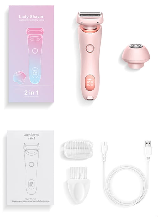 Pink 2 in 1 hair removal epilator with LED display featuring a sleek ergonomic electric lady razor design and matching pink replacement head for effective hair removal with removal epilator USB charging.