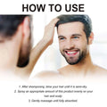 A man with dark hair and beard smiles using east moon hair spray oil control growth treatment in front of a mirror