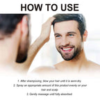 A man with dark hair and beard smiles using east moon hair spray oil control growth treatment in front of a mirror