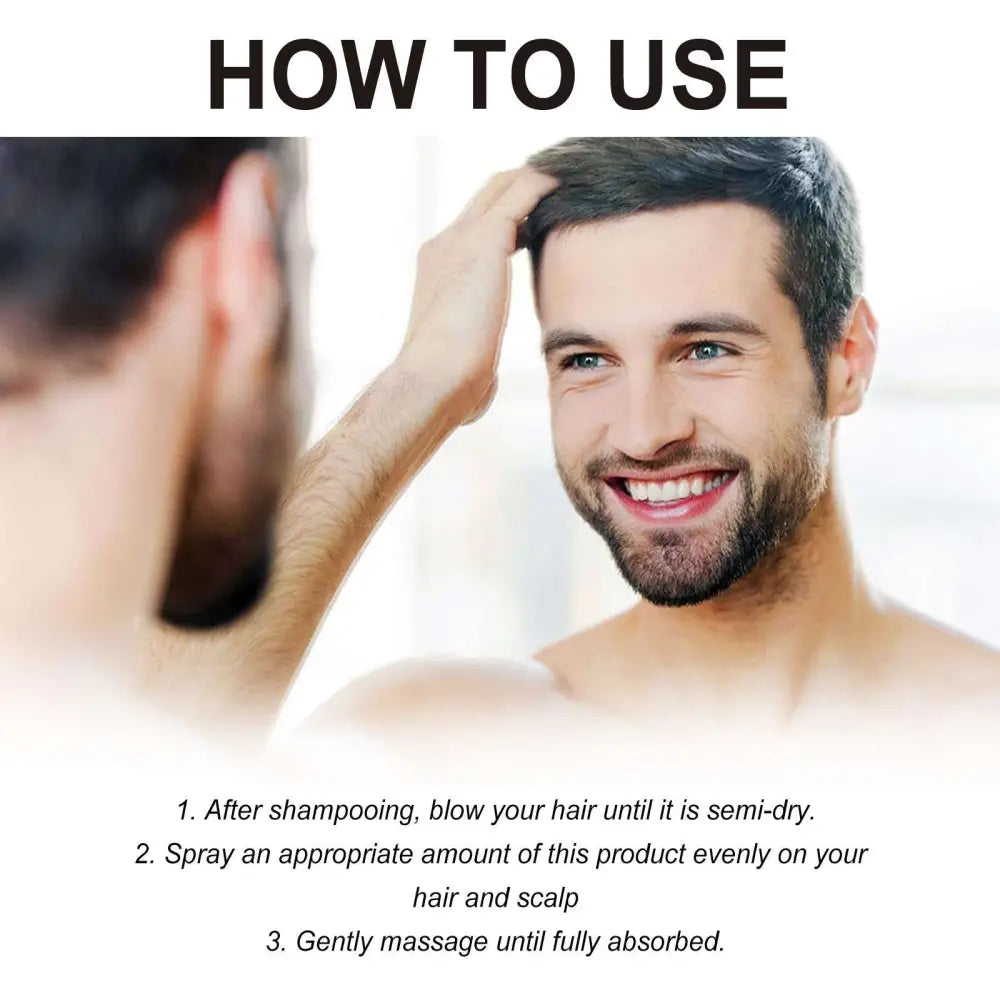 A man with dark hair and beard smiles using east moon hair spray oil control growth treatment in front of a mirror