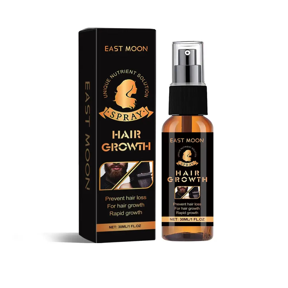 East Moon hair spray oil control growth treatment in a sleek amber glass bottle with black cap and gold-accented box