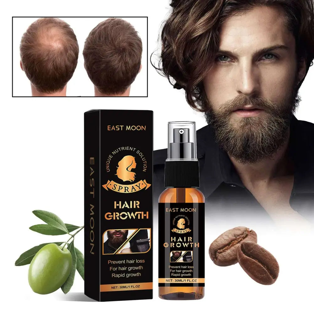 Black and gold east moon hair spray oil control growth treatment bottle with amber liquid and silver nozzle
