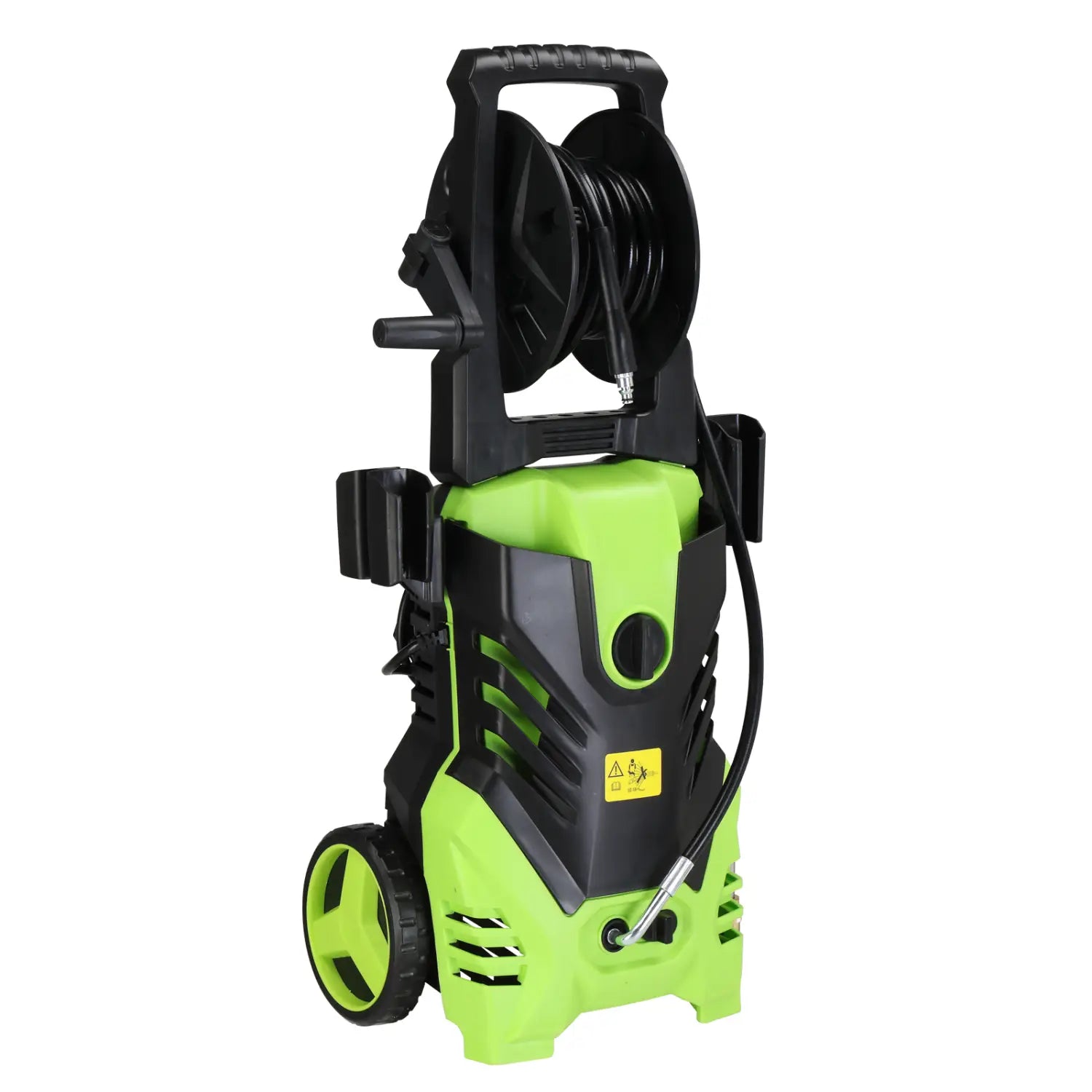 Green and black high pressure cleaner with coiled hose featuring a portable design, built-in hose reel, ergonomic handle, and wheels for easy mobility