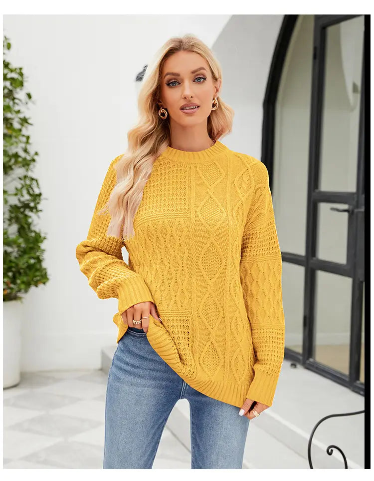A vibrant yellow solid color cable-knit pullover sweater fall featuring a textured diamond-patterned design and ribbed cuffs suitable for sweater fall winter.