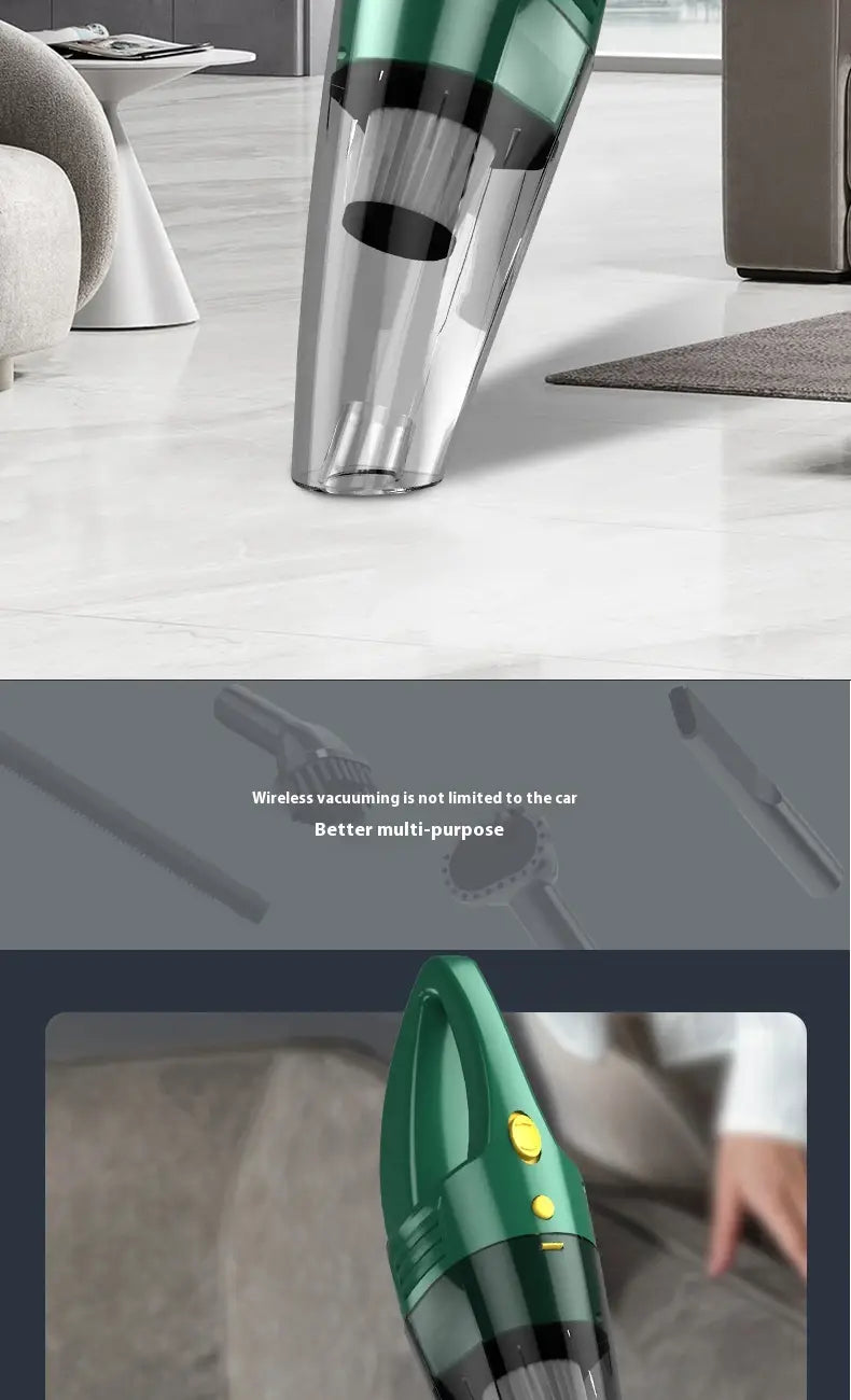 Green and transparent handheld small wireless car vacuum cleaner with a sleek ergonomic design and hose for household small wireless use.