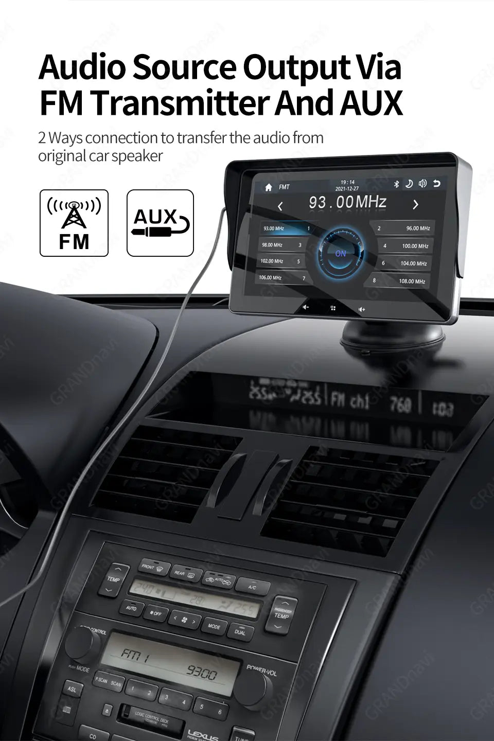 black fm transmitter with aux input mounted on a car dashboard connected to a 7 inch wireless carplay display with cigarette lighter for car wireless carplay use