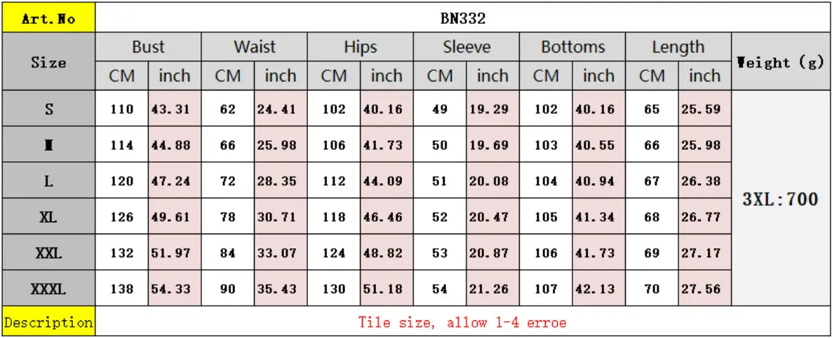 Bn332 tile size measurement chart for olive green solid color loose hooded sweatsuit displaying sizing details in centimeters and inches from size s to xxxl.