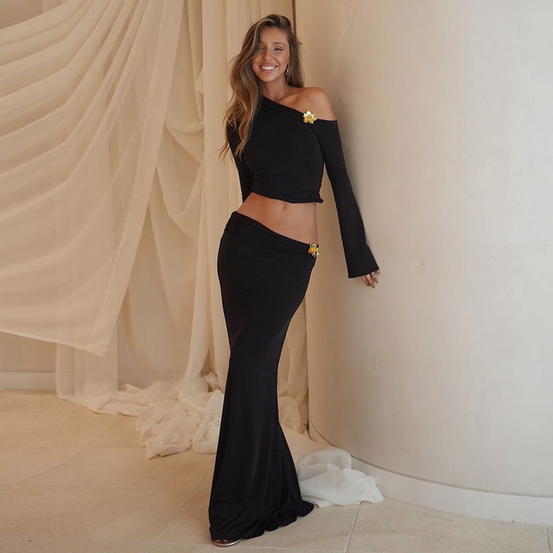 black off-the-shoulder crop top with bell sleeve and gold floral embellishments from the sexy slim oblique shoulder floral mermaid dress collection