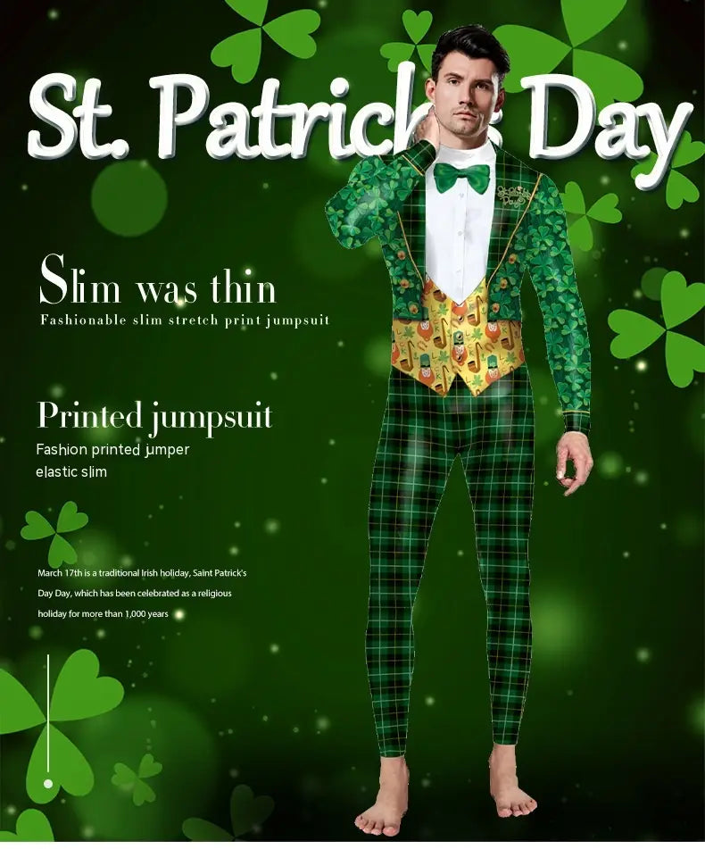 green shamrock-patterned slim stretch jumpsuit with a yellow beer and leprechaun motif vest in day green bow digital print suitable for st patricks day celebrations