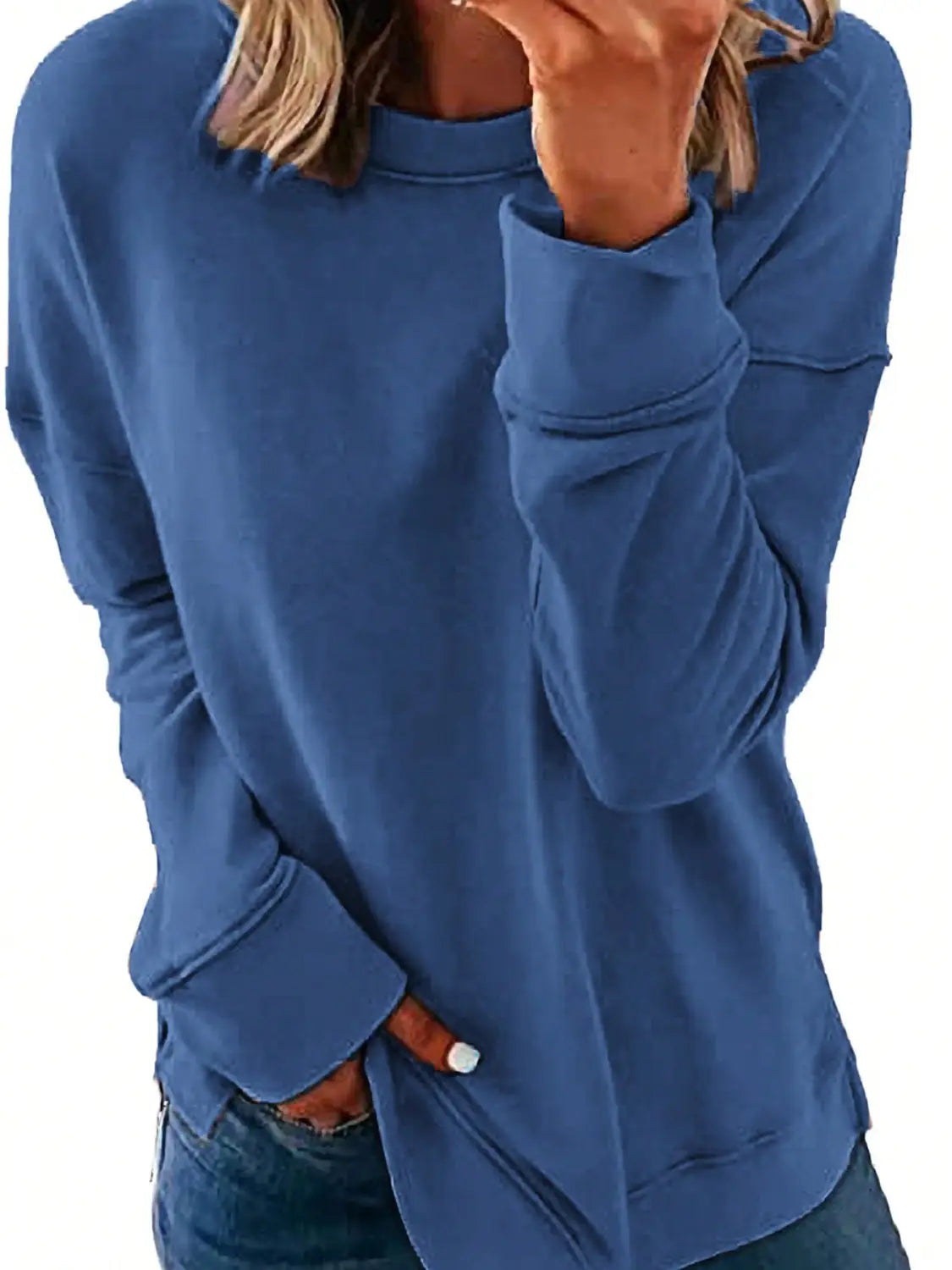 Heathered blue womens sweatshirts fall long sleeve top with ribbed cuffs and relaxed fit for sweatshirts fall fashion.
