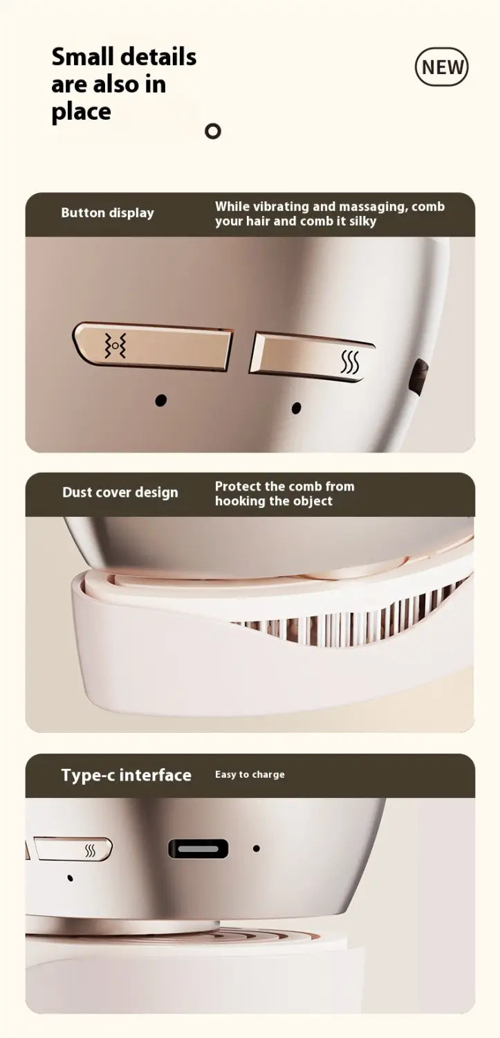 White and silver electric spray massage comb with vibrating hair care spray function, type-c charging port, and dust cover design for spray massage comb hair care.