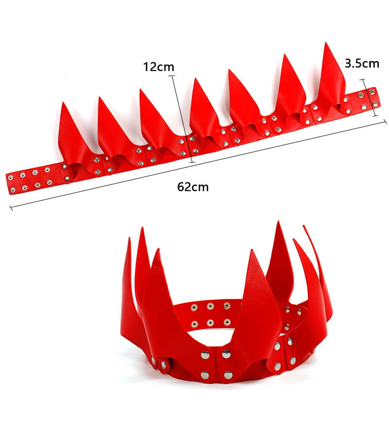 Red spiked leather crown with silver studs designed as performance accessories for stage costumes.