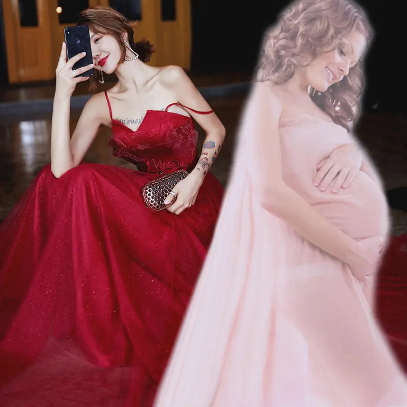 Red satin engagement suspender evening dress featuring a red glittery lace gown with thin straps and a fitted bodice perfect for formal occasions.