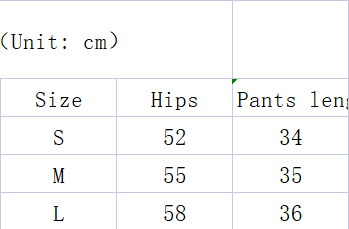 The table displays size measurements in centimeters for pink ice silk seamless lace trim shorts detailing hip and length dimensions for sizes s, m, and l.