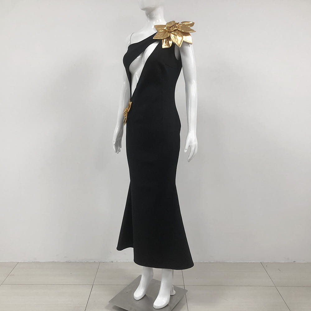 Black one-shoulder satin bandage golden flower maxi dress featuring gold leaf embellishments at the shoulder and waist.