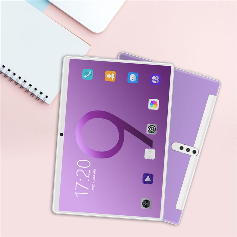purple smart android entertainment 3g calling tablet pc with white bezel and matching purple protective case showing the back side with three camera lenses