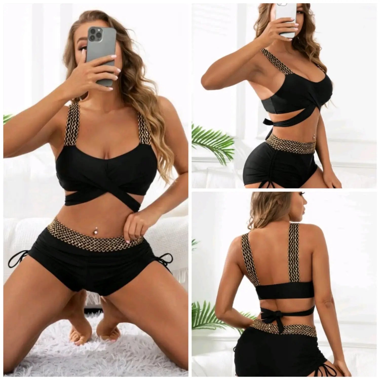 black high waist bikini with gold chain detailing on straps and waistband in a solid color high waist design
