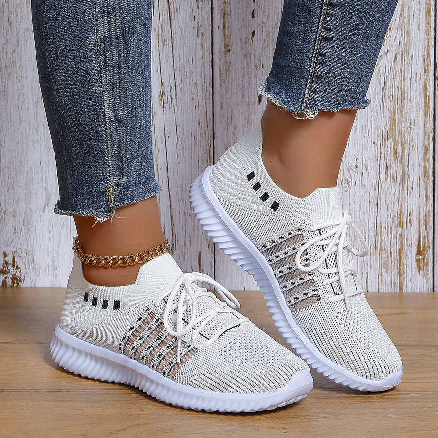 Women's Breathable Knit Mesh Lace-Up Sneakers, Lightweight Walking Running Shoes