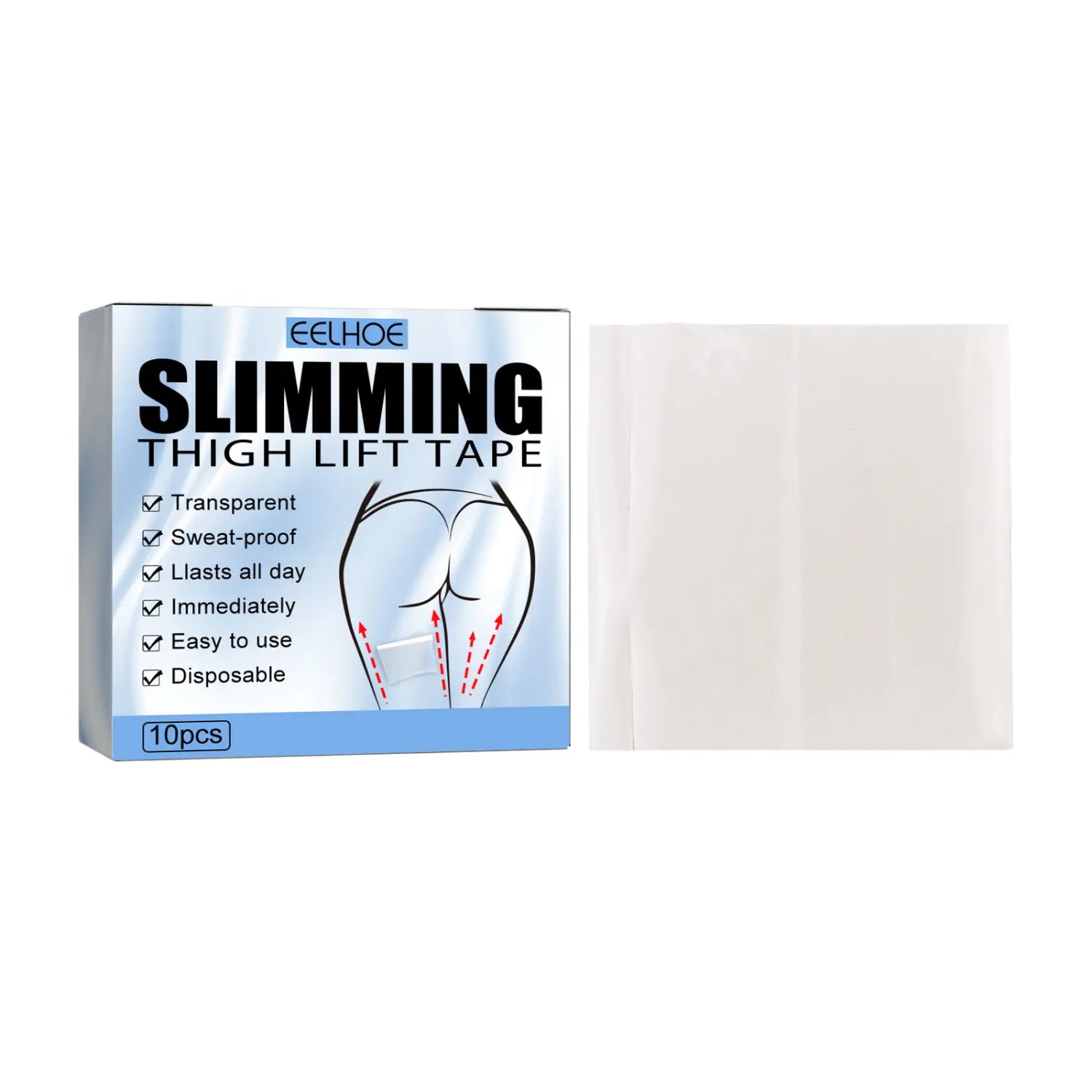 Transparent sweat-proof slimming thigh lifting tape in a disposable pack of 10 pieces for effective thigh lifting and contouring.