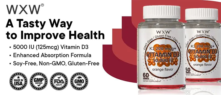 two clear plastic bottles of wxxw vitamin d3 k2 supplementing granules soft candy with orange flavor and white caps containing 60 count each labeled k2 200 mcg plus vitamin d3 50,000 iu