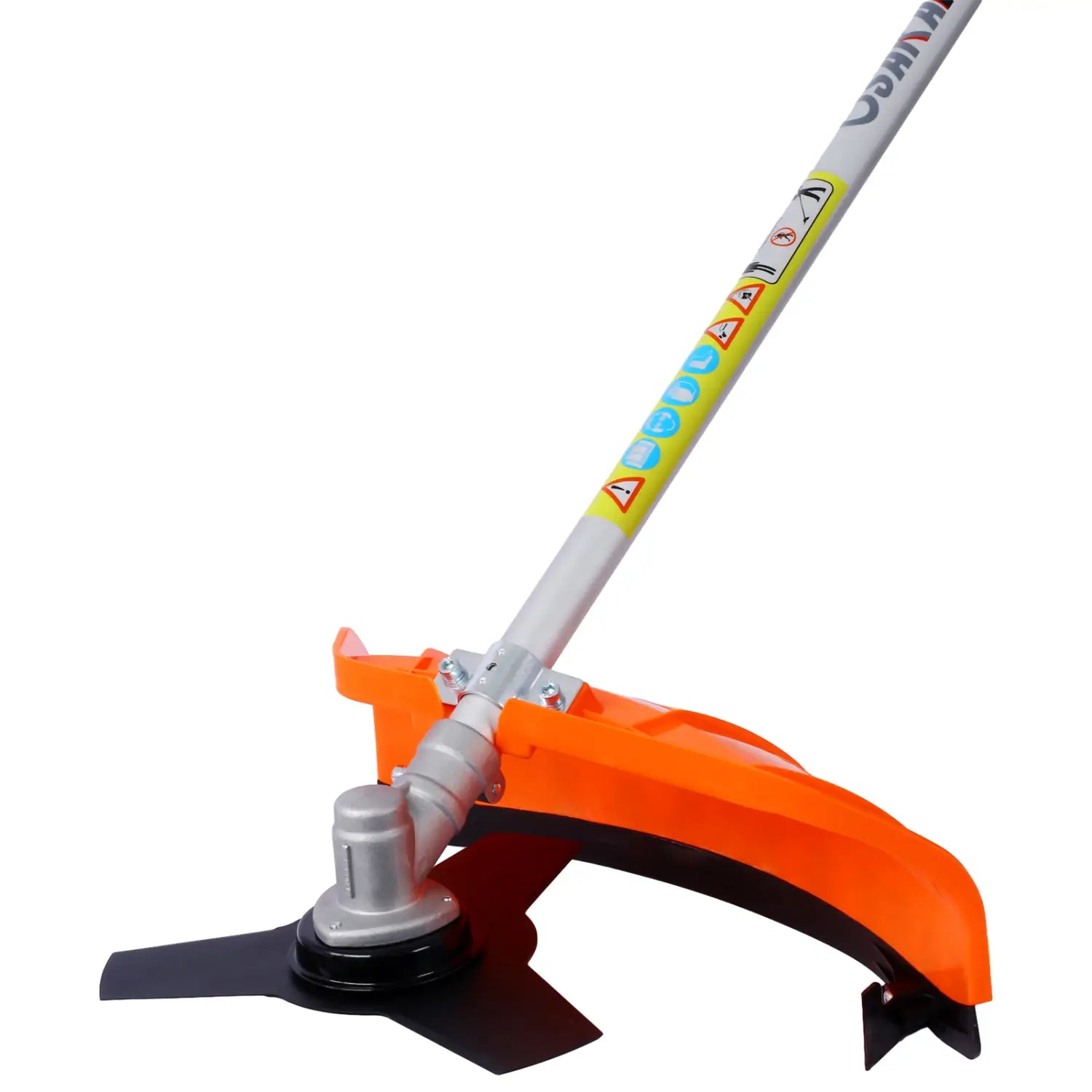 Gas powered plastic pruning tools featuring an orange and black handheld string trimmer with a silver metal shaft and adjustable handle with safety warning labels along the grip.