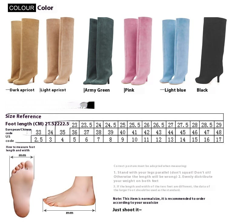 a pair of square head simple stitching square black knee high boots in suede displayed alongside variations in dark apricot light apricot army green pink and light blue colors