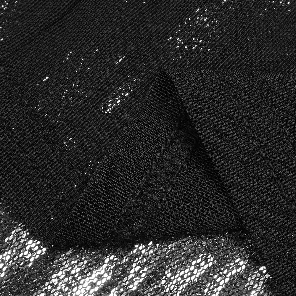 black mesh fabric with a textured woven pattern and subtle shimmering highlights featured in a silver strapless sequin skirt set