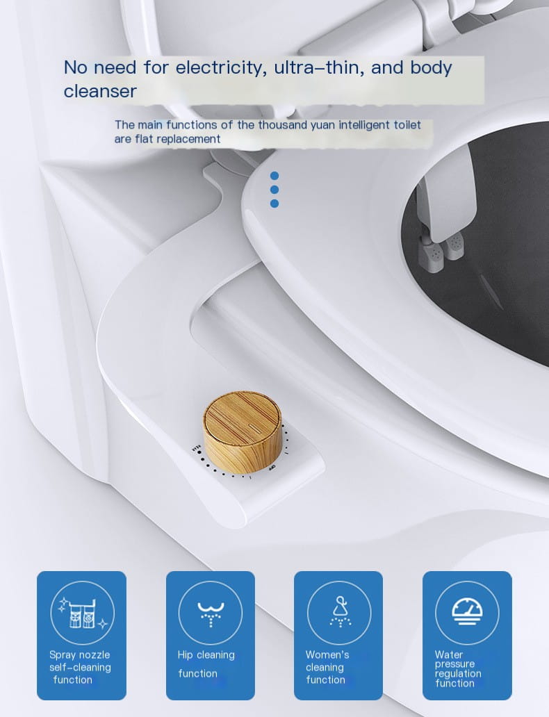 White ceramic toilet seat with a wooden-textured control knob for the ultra-thin dual nozzle bidet toilet cleanser image.