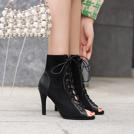 Peep Toe Frosted Casual Shoes Front Lace-up High Heel Sandals - Royalessencelux