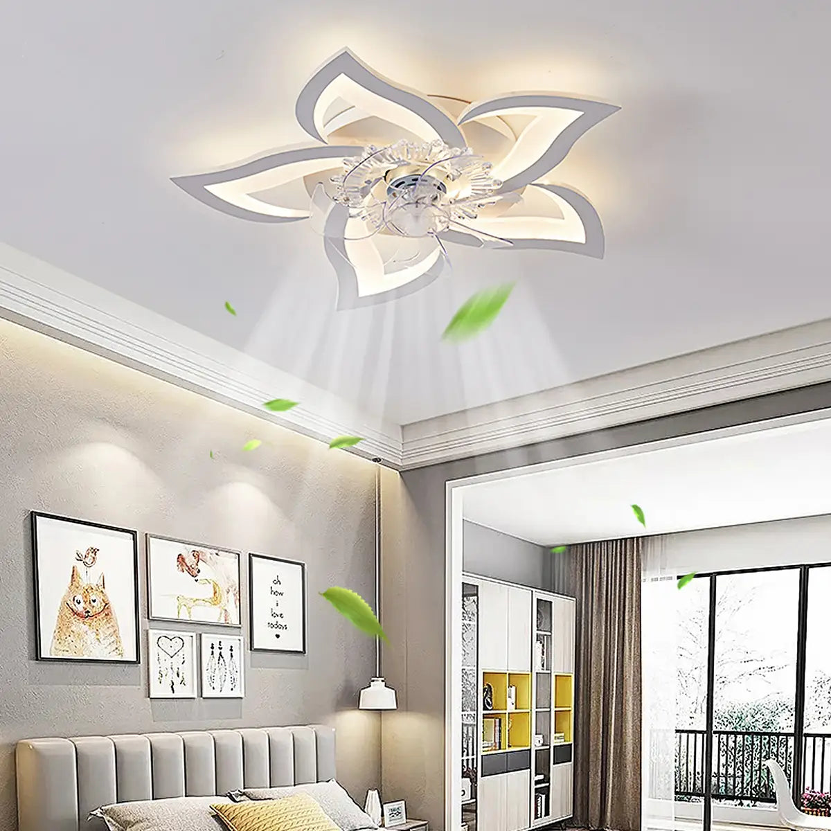 A modern flower crystal large white framed ceiling fan light featuring a white flower-shaped design with a central crystal accent.