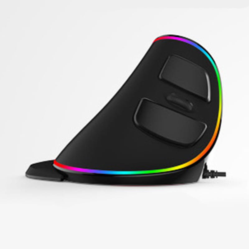 black vertical ergonomic snail rgb wired mouse with a curved contoured design and vibrant rainbow led lighting along the edges