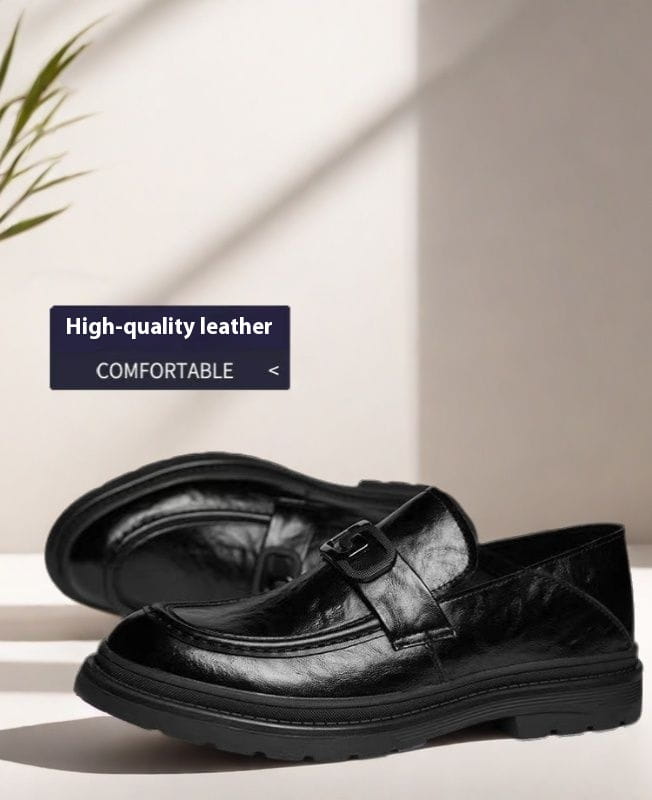 Black glossy business casual leather loafers feature a sleek polished finish and a sturdy rubber sole perfect for business casual leather and casual leather shoes.
