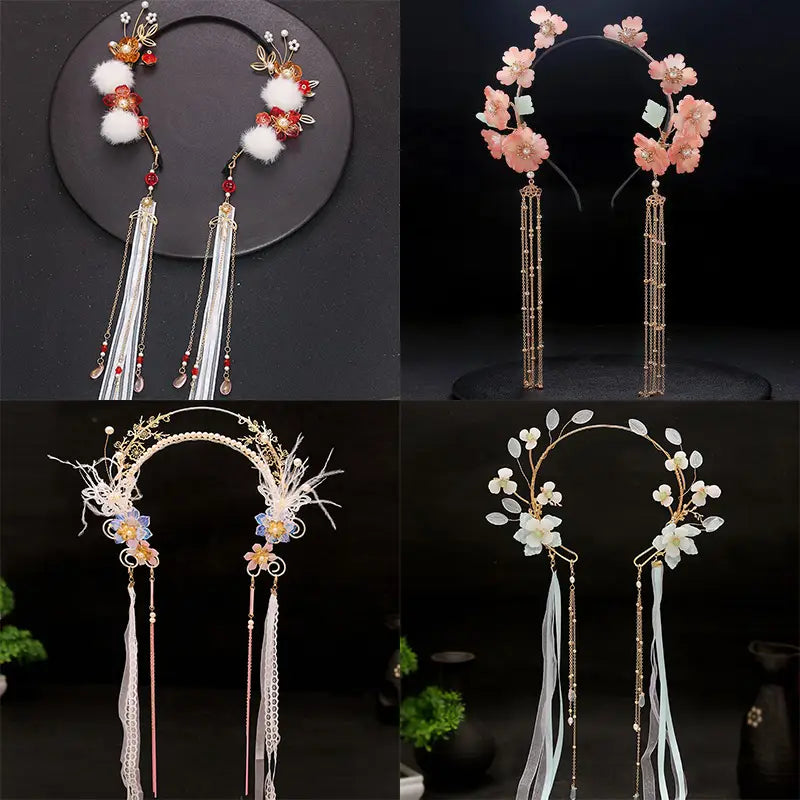 Elegant floral hanfu tassels girls fashion headbands featuring delicate gold-toned metal frames adorned with pink and white artificial blossoms, fluffy pom-poms, dangling tassels, and beaded accents.