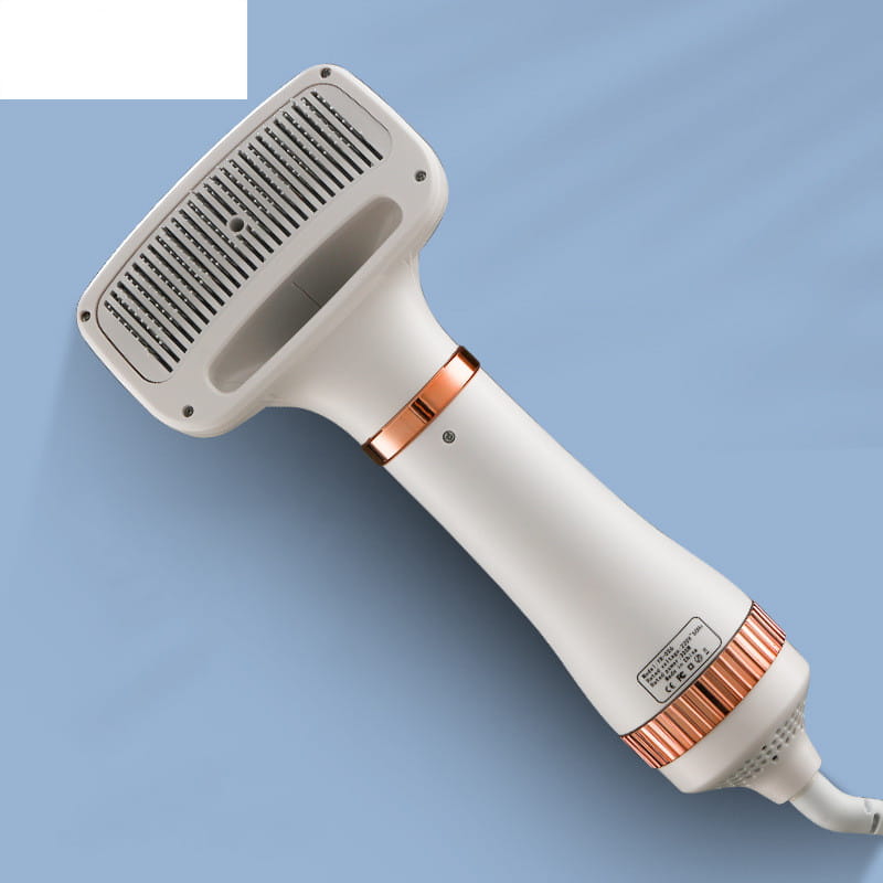 white and rose gold 5-in-1 pet hair dryer with one-key hair removal and built-in grooming comb attachment for efficient hair removal and drying