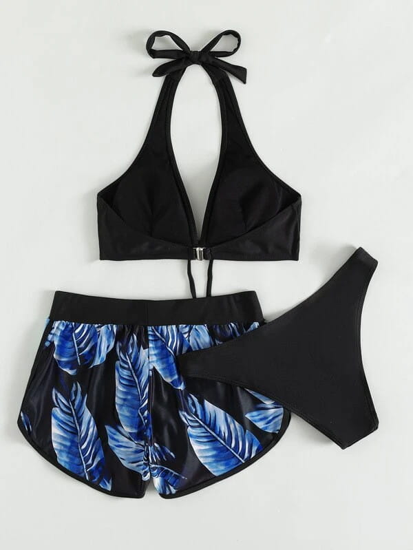 black halter top leaf print bikini set with blue tropical leaf print shorts and matching solid black high waisted bottom from 3pcs leaf print shorts fashion summer collection