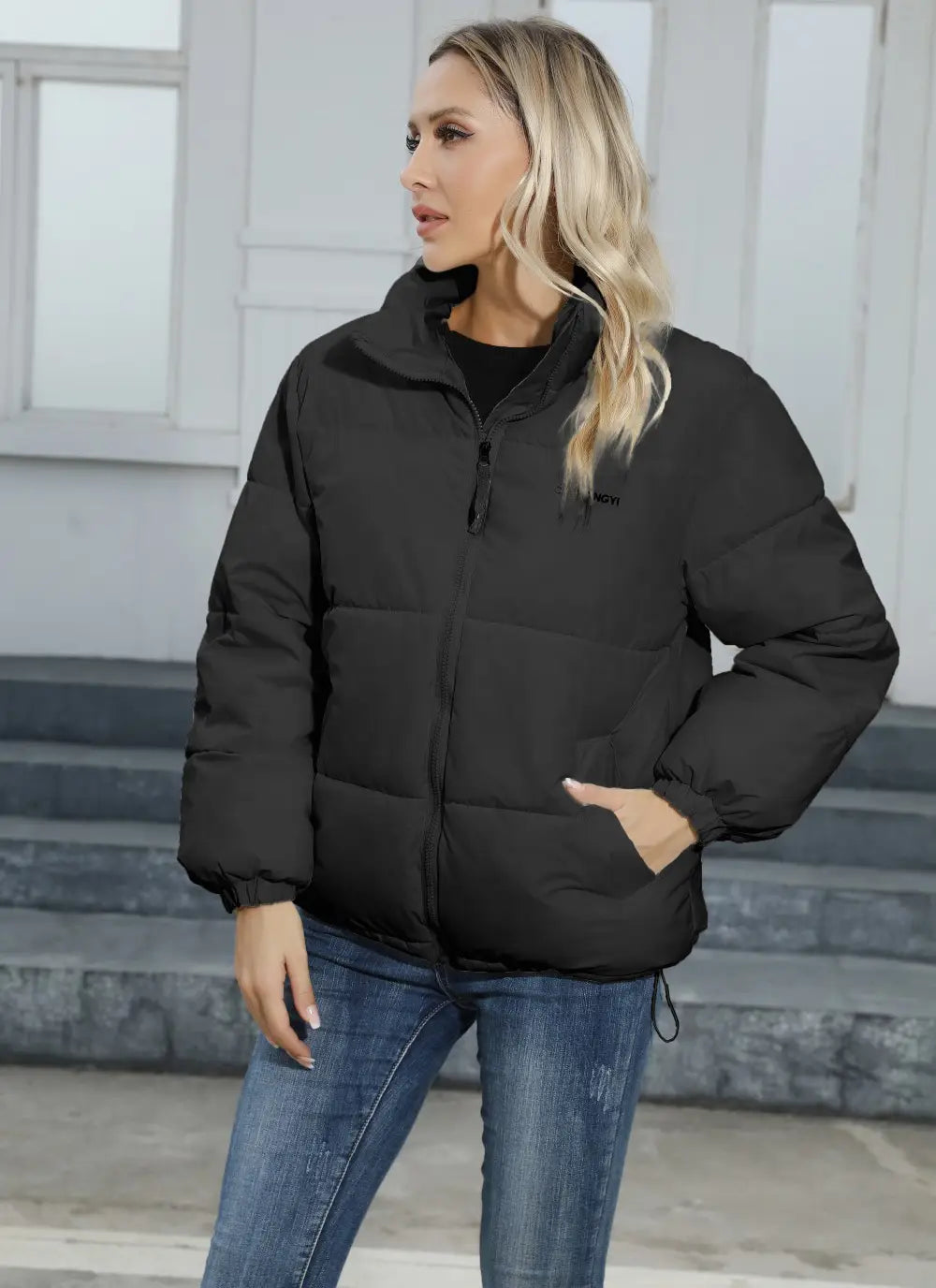 black puffer jacket with quilted design and small chest logo for women casual windproof winter coat women.